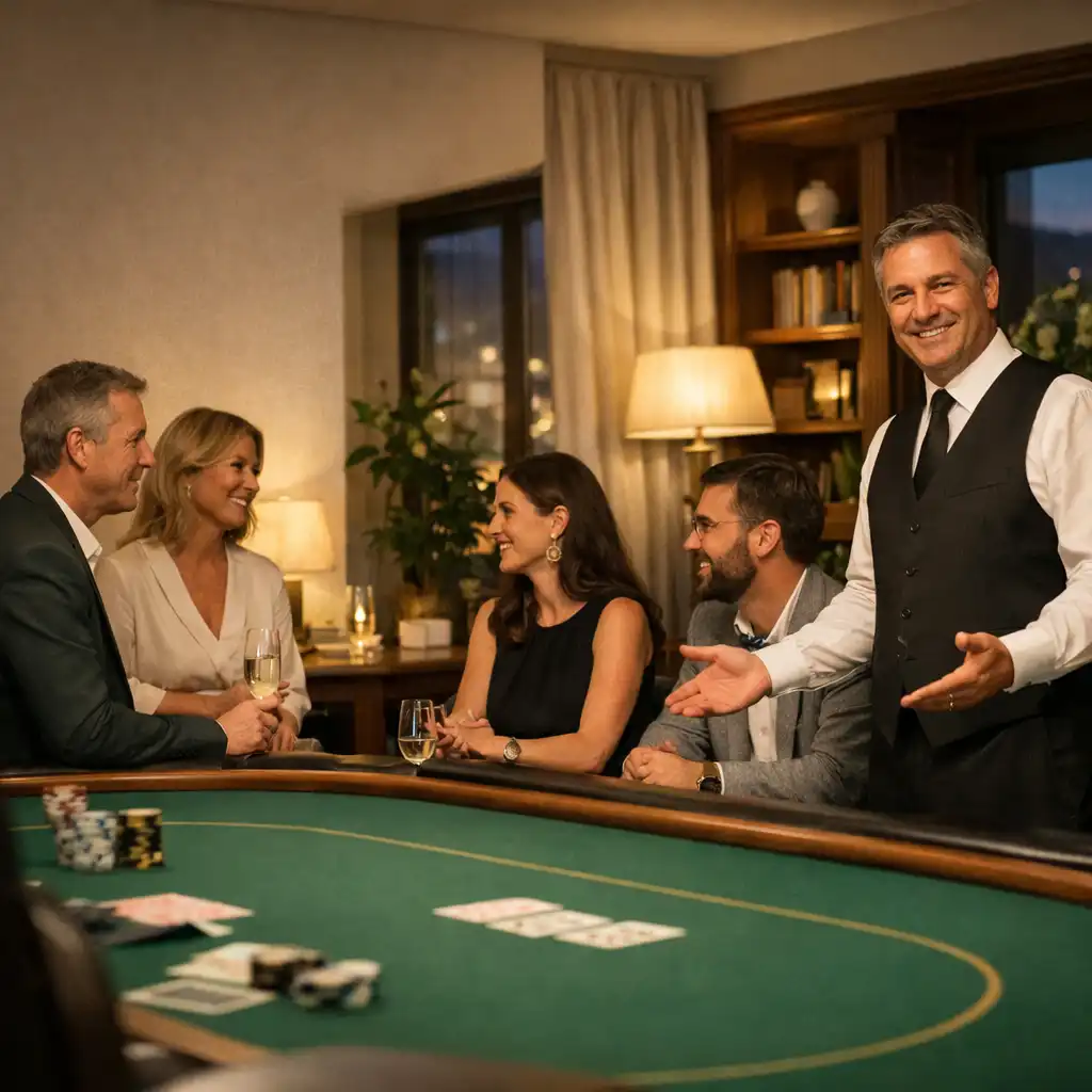 Elegáns privát lounge hangulat autentikus pókerasztallal és beszélgető vendégekkel
