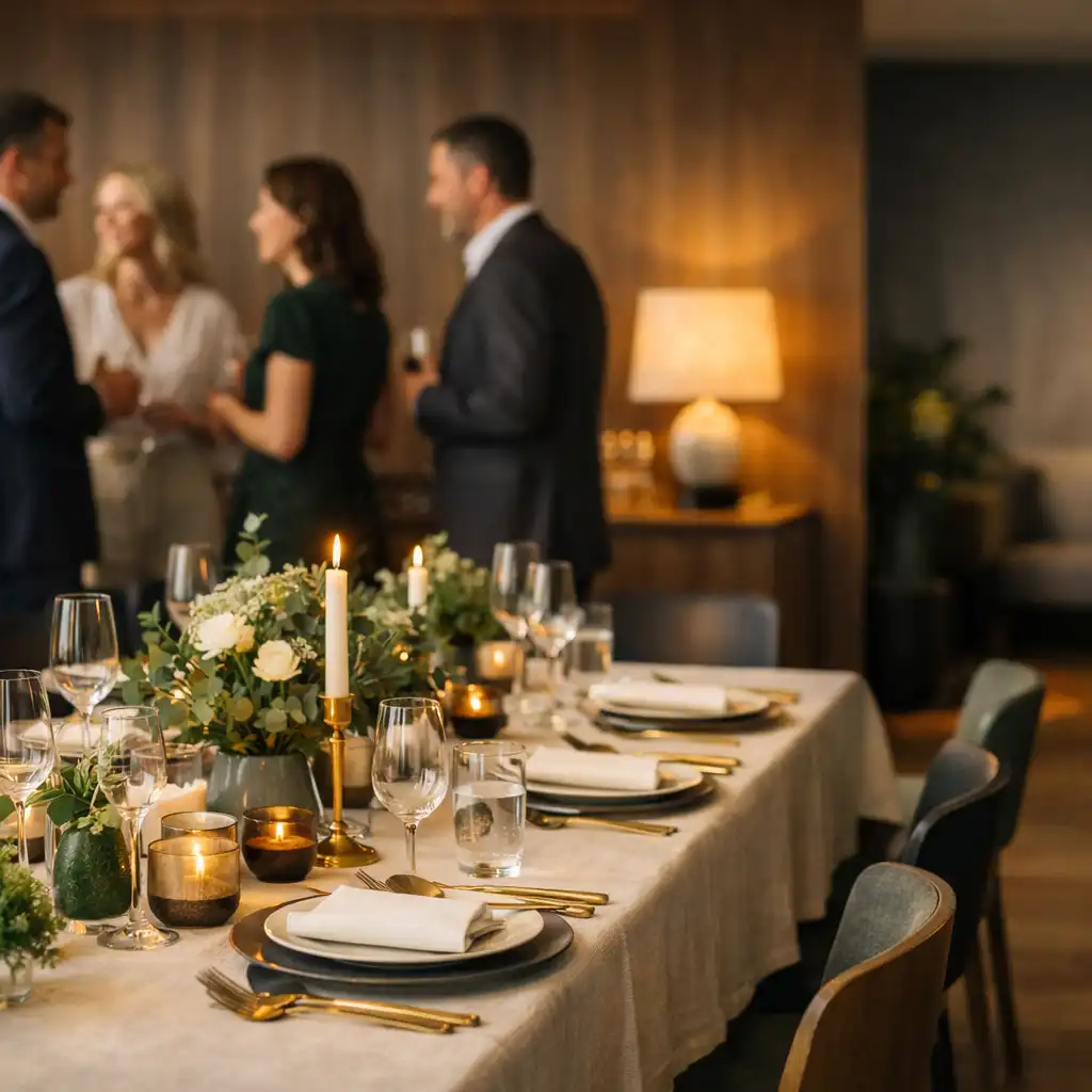 Hosszú, gondosan terített asztal egy világos, elegáns lounge-rendezvényen